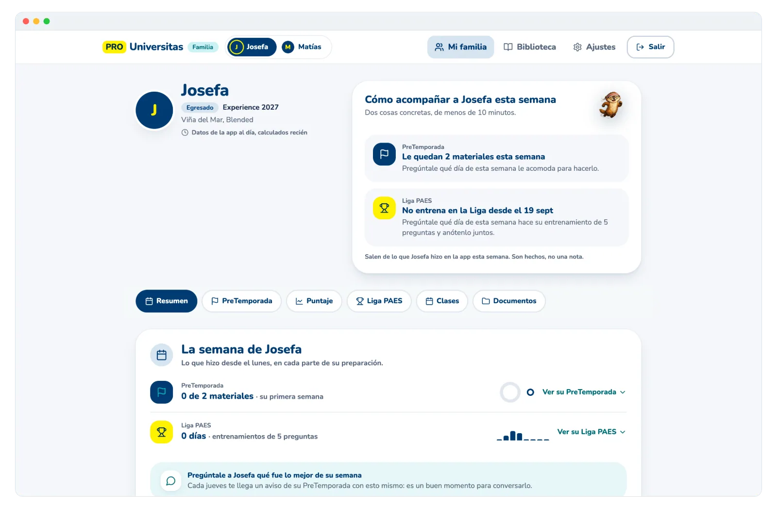 La cuenta del apoderado en /familia, en el computador: arriba, el alumno con su programa; «Cómo acompañar a Josefa esta semana» con dos cosas concretas de menos de 10 minutos; y «La semana de Josefa» con sus materiales de la PreTemporada y sus días de entrenamiento en la Liga.
