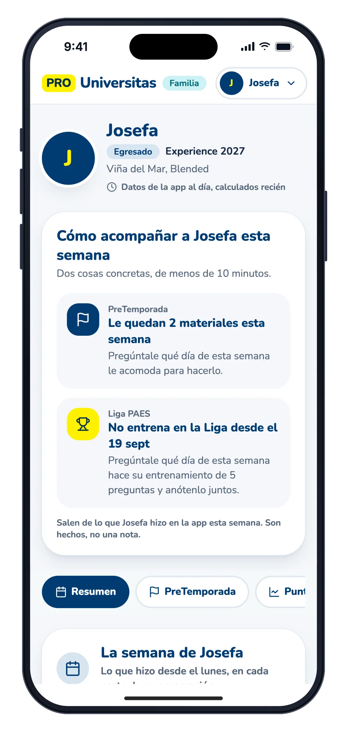 La cuenta del apoderado en el celular: «Cómo acompañar a Josefa esta semana» con dos acciones concretas, por ejemplo preguntarle qué día le acomoda para sus materiales, con estados con fecha y sin notas.