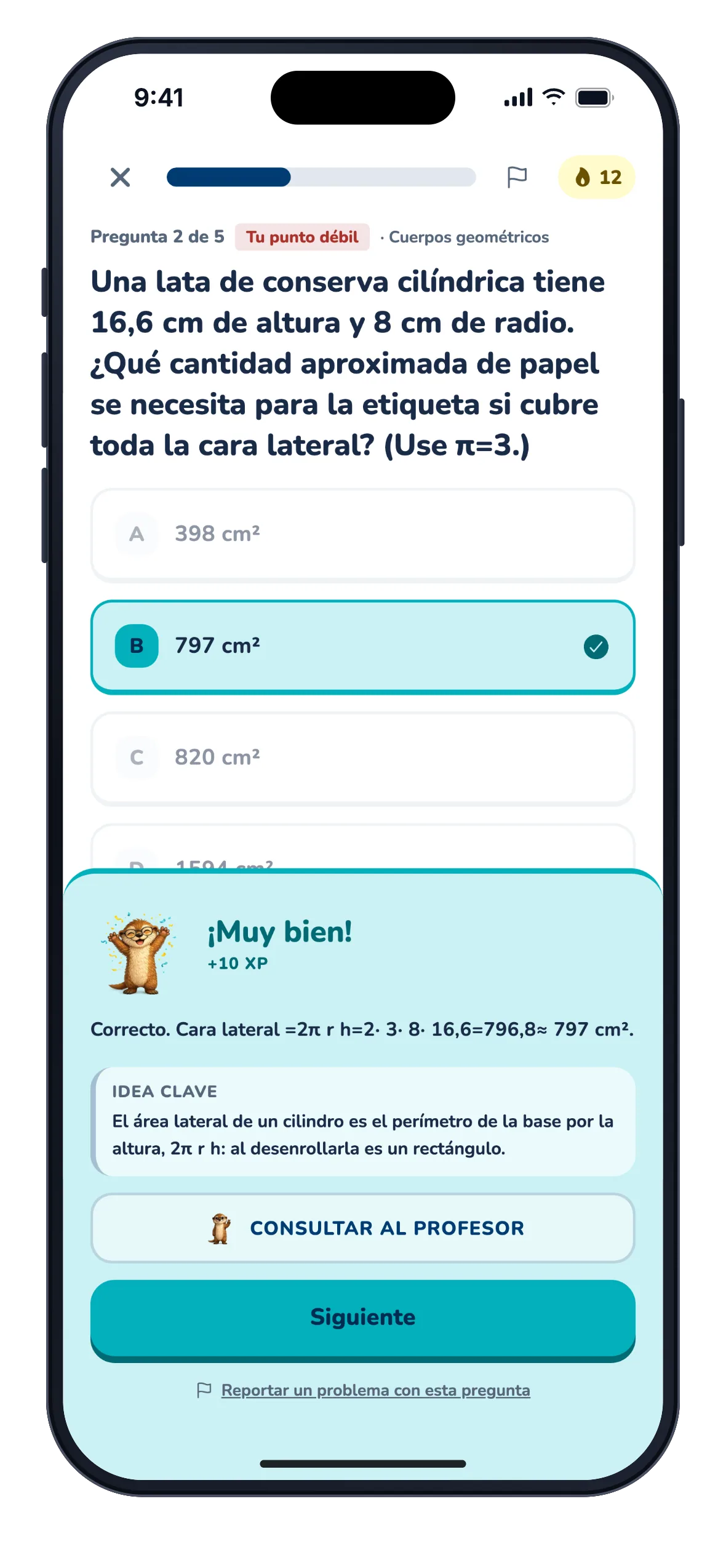 Pregunta tipo PAES de cuerpos geométricos respondida en la app: la alternativa correcta marcada, el mensaje «¡Muy bien! +10 XP», la explicación del cálculo, la idea clave y el botón «Consultar al profesor» para preguntarle al tutor IA.