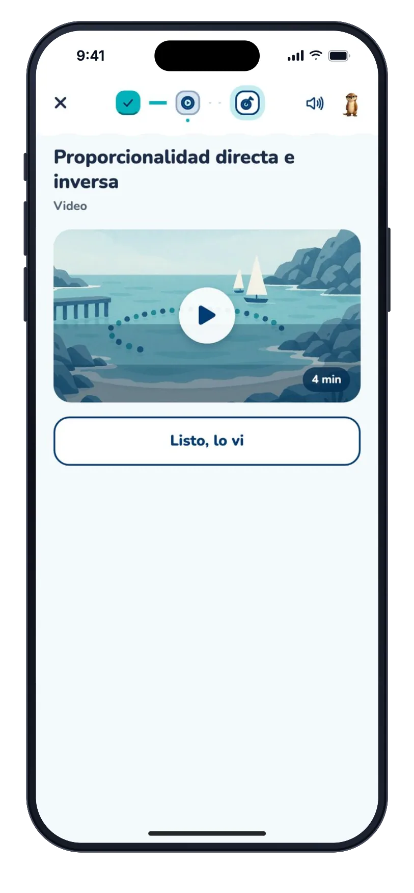 Un material de la PreTemporada en la app: «Proporcionalidad directa e inversa», el video de 4 minutos dentro del recorrido Guía, Video y Ejercicios, con el botón «Listo, lo vi».