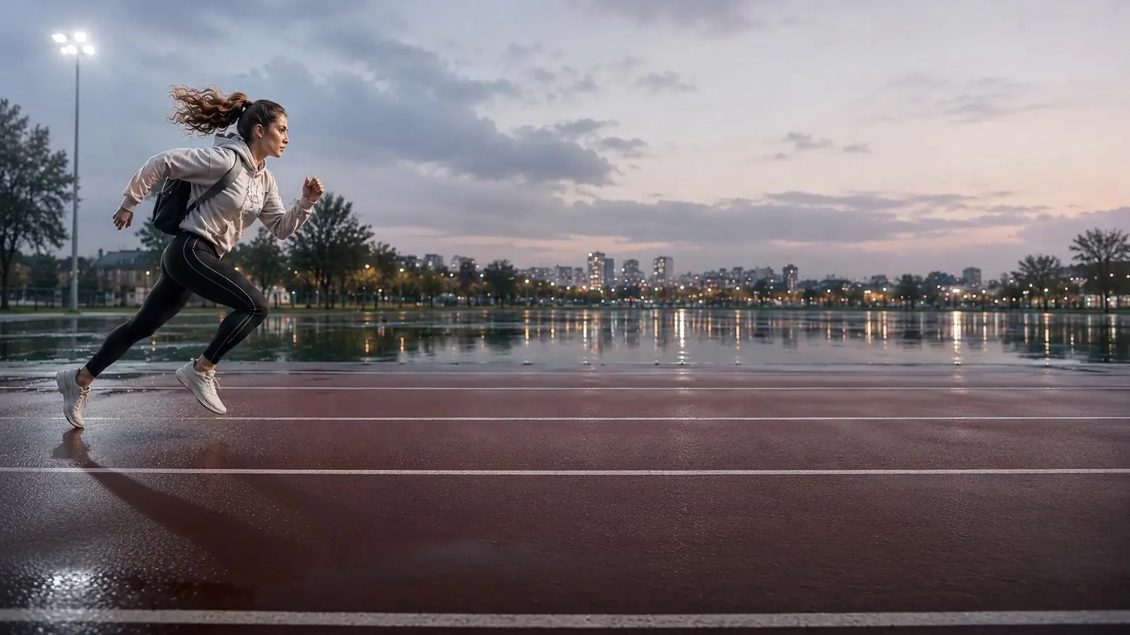 Estudiante corriendo al amanecer hacia su futuro universitario